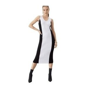 GSTQ Colorblock Sweater V-Neck Midi Dress Black White Knit M